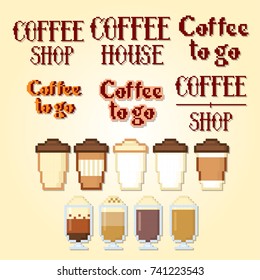 Coffee icon set. Pixel art. Old school computer graphic style. 8 bit video game.