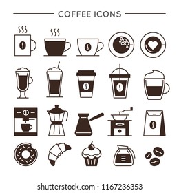 Coffee icon set in thin line style. Cafe and restaurant corporate identity design elements. Coffee maker or coffee shop vector pictograms. Hot drinks signs collection isolated on white background