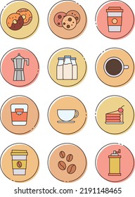 Coffee icon set Vector illustration of drink symbol collection isolated Cartoon various drink elements: mug, cup, coffee maker on white background.