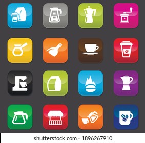 Coffee icon set for web sites and user interface. Colored buttons on a dark background