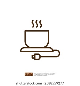 Coffee Icon with Steaming Cup on Heat Base and Electric Cord for Home Brewing in Minimalist Line Art Design