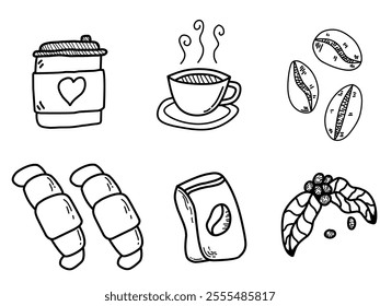 Coffee icon theme. Coffee bean bags, cherry coffee. Roasted coffee. Cup of one shot espresso, Caffeine and croissant. Minimalist vector . Paper glass for hot drinks