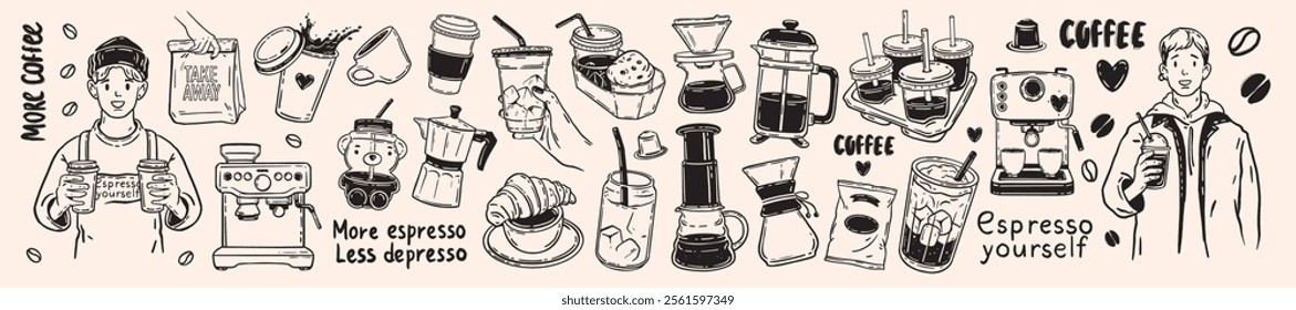 Coffee icon vector hand drawn set, doodle cafes illustration, morning hot beverage breakfast cup. Take away eatery barista menu cartoon object latte drink cocktail black sticker espresso. Coffee icon