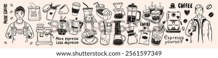 Coffee icon vector hand drawn set, doodle cafes illustration, morning hot beverage breakfast cup. Take away eatery barista menu cartoon object latte drink cocktail black sticker espresso. Coffee icon
