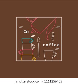 Coffee icon. Vector illustration with coffee pot, cup and spoon. Modern line style.