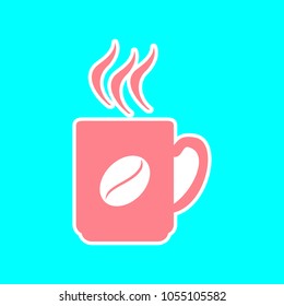 Coffee icon. Vector. Magenta icon with white sticker contour at sky blue background. Isolated.