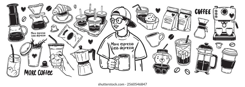 Coffee icon vector set, hand drawn cafes doodle illustration, morning hot beverage breakfast cup. Take away eatery barista menu cartoon object latte drink cocktail black sticker espresso. Coffee icon 