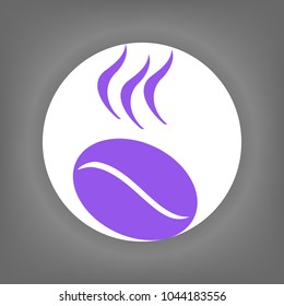 Coffee icon. Vector. Violet icon on white circle with shadow at gray background.