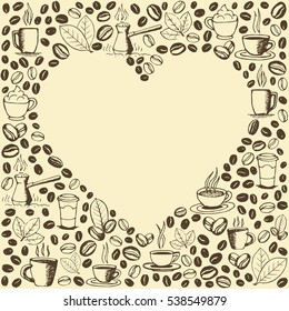 Coffee icons background with blank heart shape inside. Hand drawn sketchy doodles pattern. Vector eps8 illustration. 
