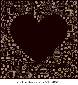 Coffee icons background with blank heart shape inside. Hand drawn sketchy doodles pattern. Vector eps8 illustration. 