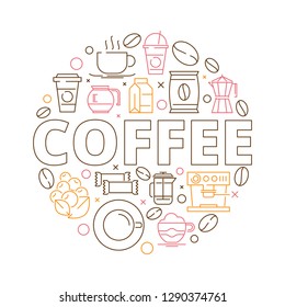 Coffee icons background. Circle shape from coffee grains espresso mill hot drink cups cupcakes vector thin line design