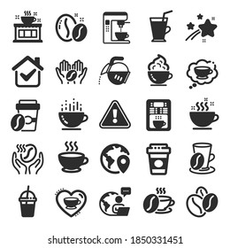 Coffee icons. Beans, hot cocktail and coffee maker machine. Espresso cup, cappuccino with whipped cream icons. Latte vending machine, breakfast drink and roasted beans. Flat icon set. Vector