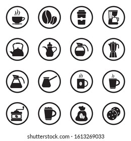 Coffee Icons. Black Flat Design In Circle. Vector Illustration.