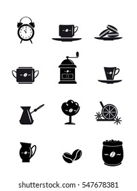 Coffee icons. Black silhouettes. Design element for coffee shop, cafeteria