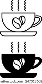 Coffee icons. Black and White Vector Icons. Cup of Steaming Coffee with Saucer. Lifestyle Concept