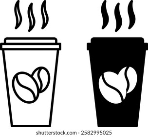 Coffee Icons. Black and White Vector Art. Hot Coffee in Plastic Cup. Restaurant Concept