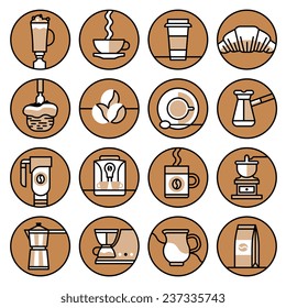 Coffee icons brown line set with frappe hot paper cup croissant isolated vector illustration