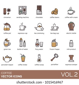 Coffee icons. Cinnamon, vending machine, chocolate, beans, cream, pot, espresso, cup, kettle, green tea, fizzy water, frozen frappe, milk, teapot, shake, scoop, portafilter, tamper vector illustration