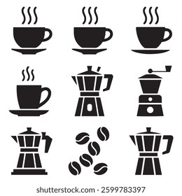 Coffee Icons Collection Espresso, Moka Pot, Grinder Beans