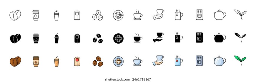 Kollektion der Kaffeesymbole. Linear, Silhouette und flacher Stil. Vektorsymbole