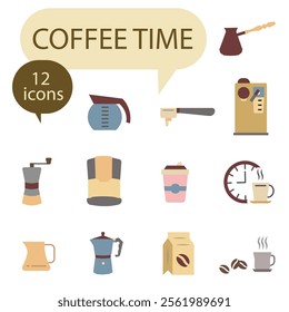 Coffee icons colored. Coffee icon set. Everything for coffee. Time for coffee icons. EPS 10.