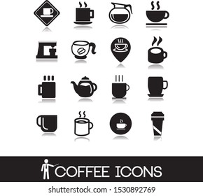 Coffee icons. Contains symbols of beans, tea cup, and other hot drinks.