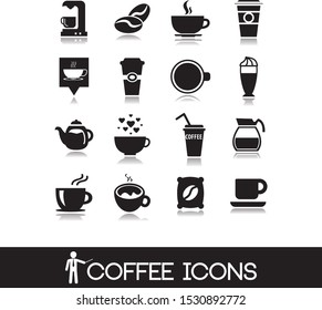 Coffee icons. Contains symbols of beans, tea cup, and other hot drinks.