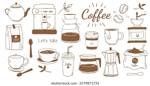 Coffee icons: cups, beans, and machines. Coffee cups, beans, and brewing machines. Enjoy coffee with cups, beans, and brewing machines. Doodle illustrations, vector set.