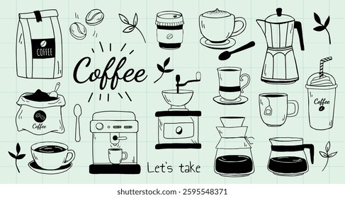 Coffee icons with cups, beans, and pots. Coffee beans, cups, and pots in black and white. Enjoy coffee with cups, beans, and brewing pots. Doodle illustrations, vector set.