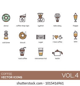 Coffee icons. Donut, shop sign, syphon, take away cup, frappe, cold brew, biscuit, sugar, i love coffee, latte, iced, hot vietnamese coffee, kettle vector EPS10 illustration. 