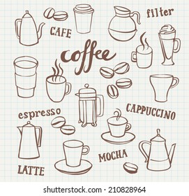 Coffee icons doodle set