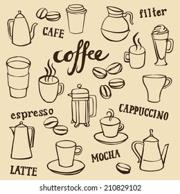 Coffee icons doodle set
