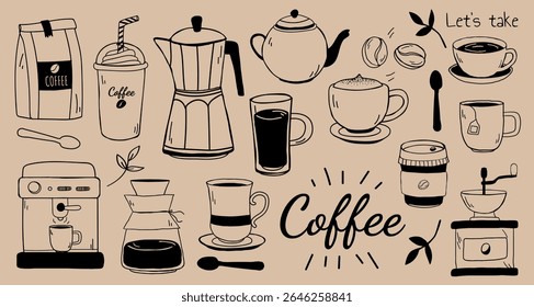Coffee icons: espresso, latte, cappuccino. Coffee maker, cup, grinder. Enjoy brew coffee, sip coffee, beans. Doodle illustrations, vector set.