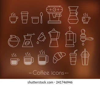 Líneas de ejecución de iconos de café en taza de símbolo de estilo minimalista, prensa francesa sobre fondo marrón