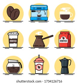 Coffee icons, flat design. A set of cups. Vector set of various coffee machines and coffee machines. Flat style.