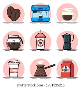 Coffee icons, flat design. A set of cups. Vector set of various coffee machines and coffee machines. Flat style.