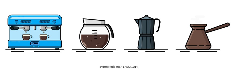 Coffee icons, flat design. A set of cups. Vector set of various coffee machines and coffee machines. Flat style.