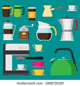 Coffee icons, flat design vector set isolated on color background