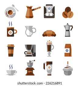 Coffee icons flat set with french press machine pouch grinder isolated vector illustration