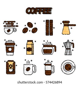 Coffee icons flat set with french press machine pouch grinder isolated vector illustration
