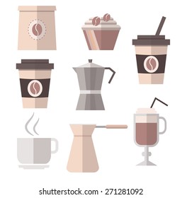 Coffee icons in flat style.