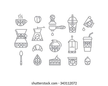 Coffee icons in flat style drawing by thin grey lines on white background