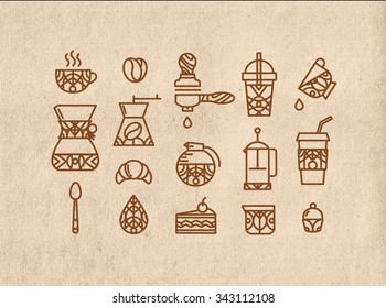 Coffee icons in flat style drawing by thin brown lines on kraft background