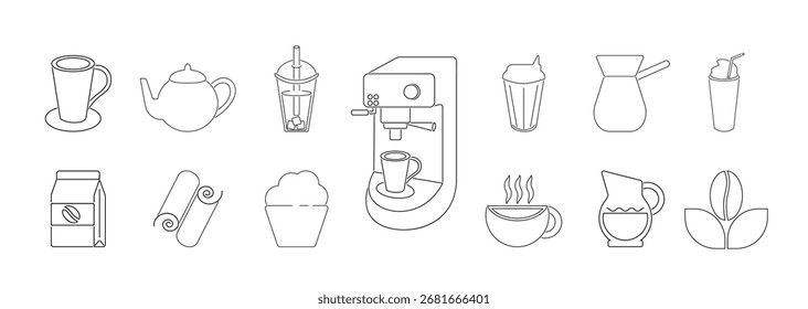 Coffee icons. Geometric coffee and tea pattern in minimalist style. Abstract print background with simple shapes for coffee shop, food packaging, cafe wall, menu.
