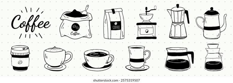 Coffee icons: grinder, pot, cup, and beans. Hand-drawn coffee elements: grinder, pot, cup. Variety of coffee items: grinder, pot, cup. Aesthetic cafe illustrations, isolated vector set.