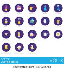 Coffee icons including aeropress, espresso, turkish gezve, eva solo, vacuum pot, drip brew, wifi, shop, kettle, hot chocolate, v shape, iced tea, bag, milk pitcher, latte, sack of beans, ice cream.