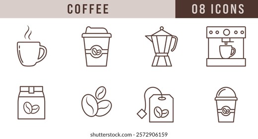 Coffee icons including cup, pot, beans, and brewing equipment in a minimalist line style. Perfect for cafe menus, branding, and coffee-related designs.