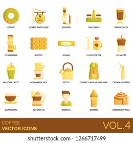 Coffee icons including donut, syphon, irish, cold brew, biscuit, sugar, ice latte, matcha, vietnamese hot, kettle, capsule machine, cream whipper, cappuccino, affogato, barista, shaker, cinnamon roll.