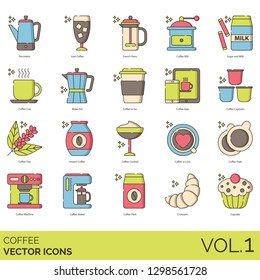 Coffee icons including percolator, iced, french press, mill, sugar, milk, cup, moka pot, to go, app, capsules, tree, instant, cocktail, love, pods, machine, maker, pack, croissant, cupcake.