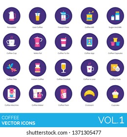 Coffee icons including percolator, iced, french press, mill, sugar, milk, cup, moka pot, to go, app, capsules, tree, instant, cocktail, love, pods, machine, maker, pack, croissant, cupcake.